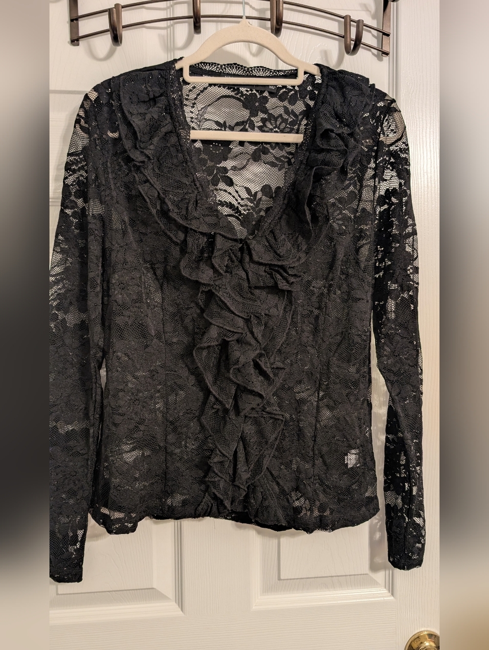 New York & Company Black Lace Ruffle Front Blouse